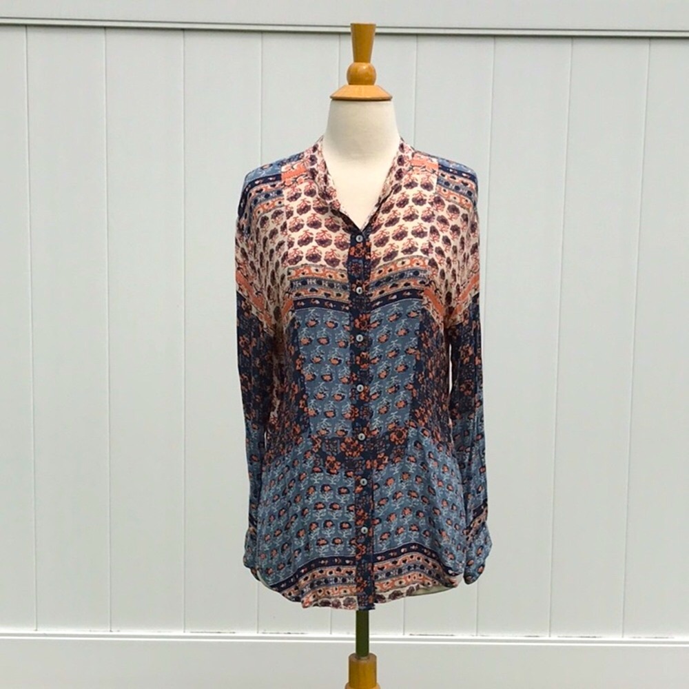 Free People Caravan Patchwork Printed Button Front Rayon Blouse  Size Medium